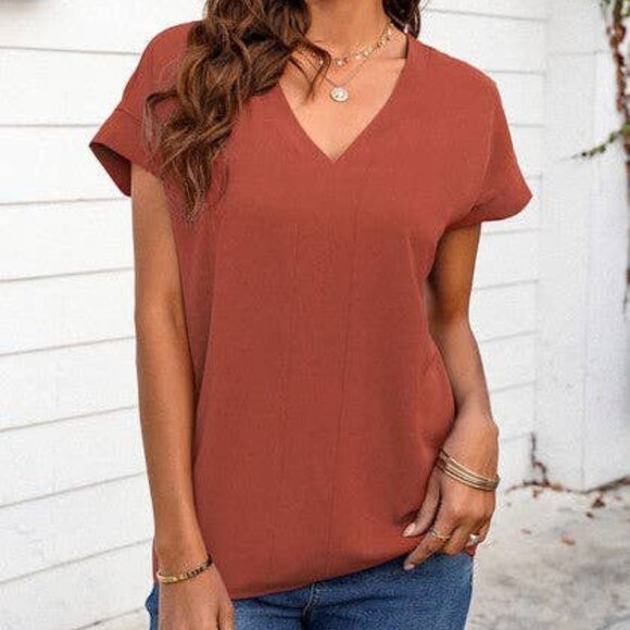 NWT V‑Neck Short Bat Sleeve Loose Top Rust Casual Women’s Blouse XLarge - Picture 3 of 3